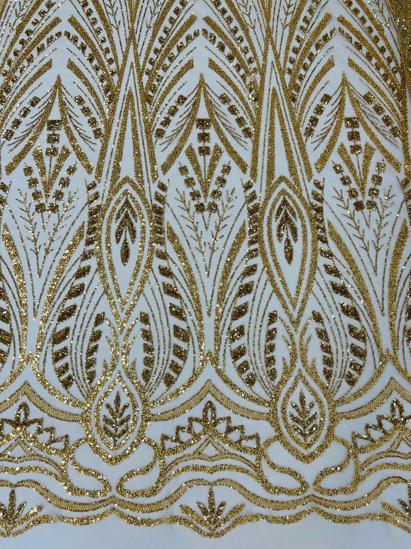 Beaded Pattern Fabric - Gold - Embroidered Fancy Beads Pattern On Mesh Fabric Sold By Yard