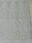 Beaded Pattern Fabric - Ivory - Embroidered Fancy Beads Pattern On Mesh Fabric Sold By Yard