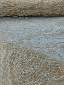 Heart & Feather Pattern Fabric - Clear - Embroidered Elegant Design with Beads Mesh Fabric Sold By Yard