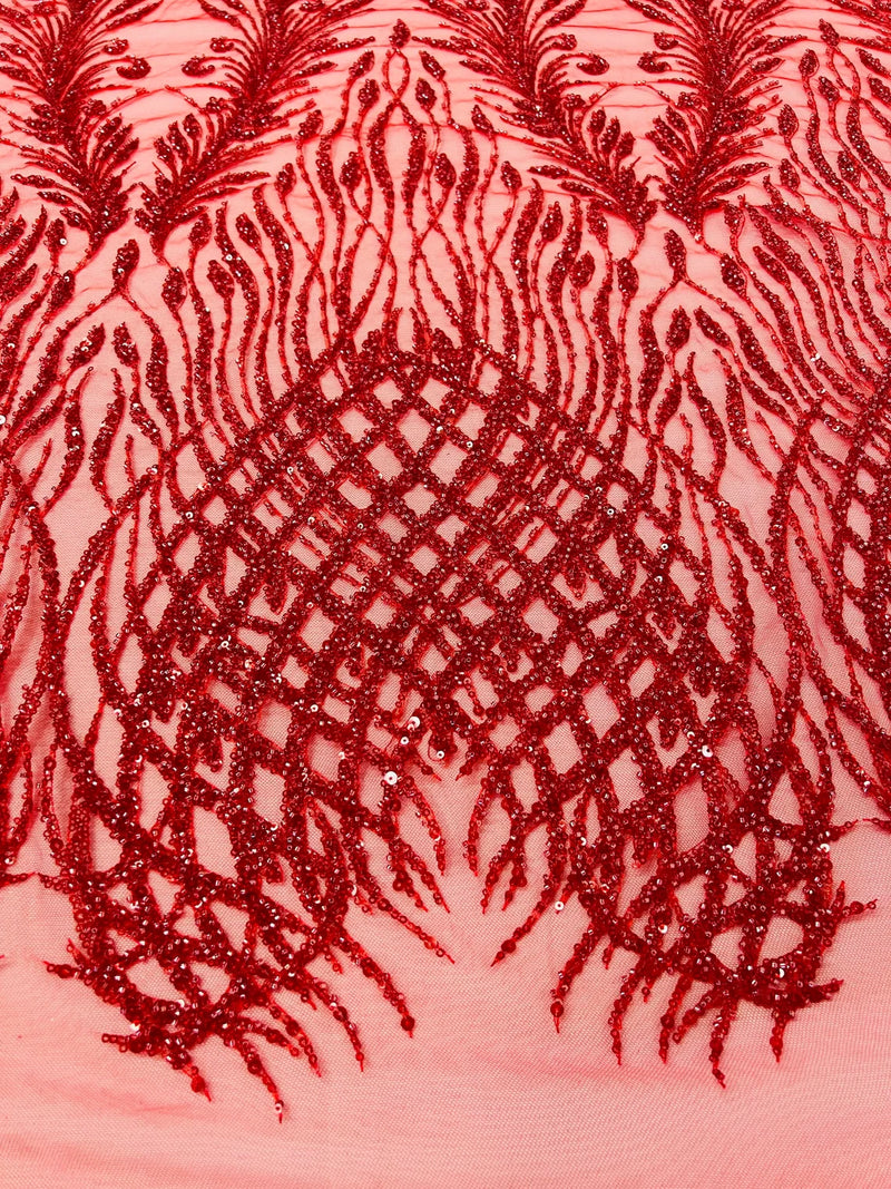 Heart & Feather Pattern Fabric - Red - Embroidered Elegant Design with Beads Mesh Fabric Sold By Yard
