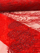 Heart & Feather Pattern Fabric - Red - Embroidered Elegant Design with Beads Mesh Fabric Sold By Yard