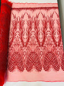 Heart & Feather Pattern Fabric - Red - Embroidered Elegant Design with Beads Mesh Fabric Sold By Yard