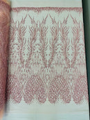 Heart & Feather Pattern Fabric - Pink - Embroidered Elegant Design with Beads Mesh Fabric Sold By Yard