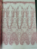 Heart & Feather Pattern Fabric - Pink - Embroidered Elegant Design with Beads Mesh Fabric Sold By Yard