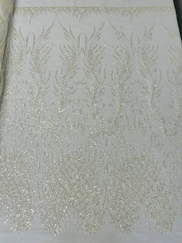 Heart & Feather Pattern Fabric - Ivory - Embroidered Elegant Design with Beads Mesh Fabric Sold By Yard