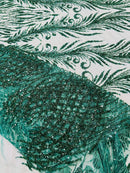 Heart & Feather Pattern Fabric - Hunter Green - Embroidered Elegant Design with Beads Mesh Fabric Sold By Yard