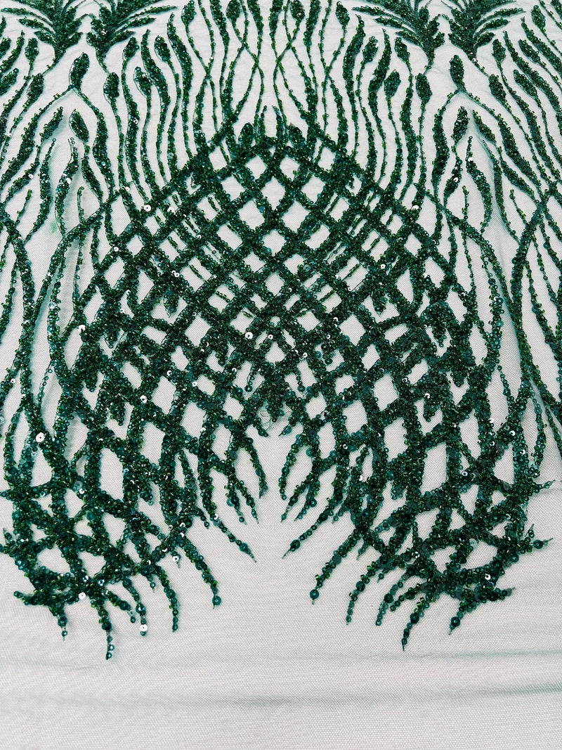 Heart & Feather Pattern Fabric - Hunter Green - Embroidered Elegant Design with Beads Mesh Fabric Sold By Yard