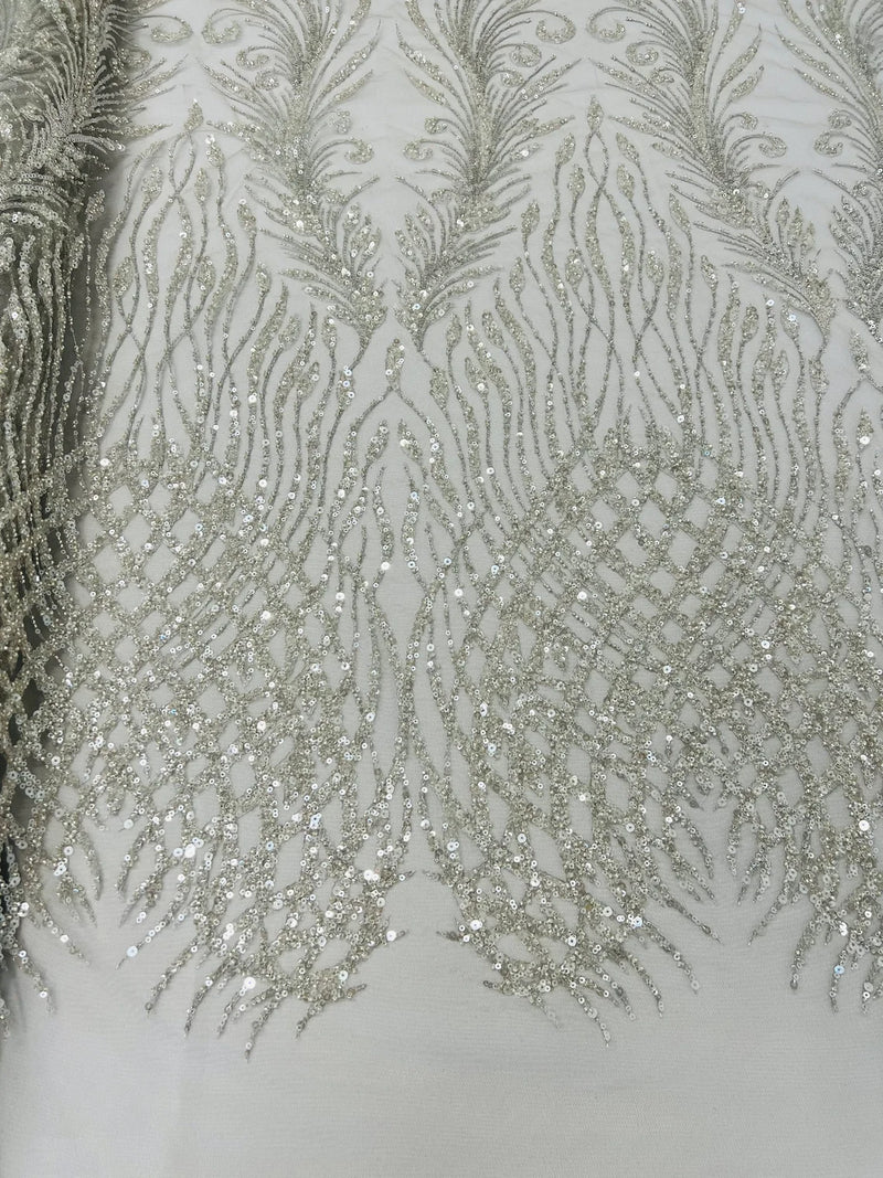 Heart & Feather Pattern Fabric - Silver - Embroidered Elegant Design with Beads Mesh Fabric Sold By Yard