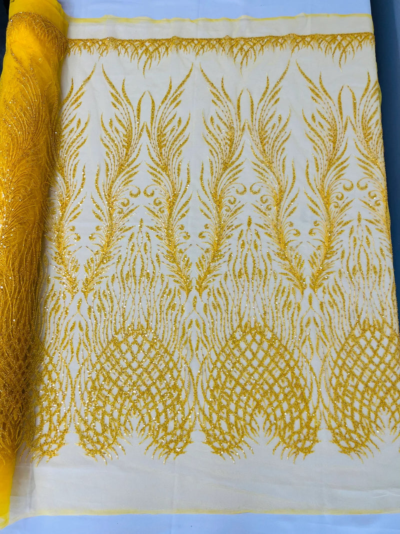 Heart & Feather Pattern Fabric - Dark Yellow - Embroidered Elegant Design with Beads Mesh Fabric Sold By Yard