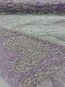 Heart & Feather Pattern Fabric - Lilac - Embroidered Elegant Design with Beads Mesh Fabric Sold By Yard