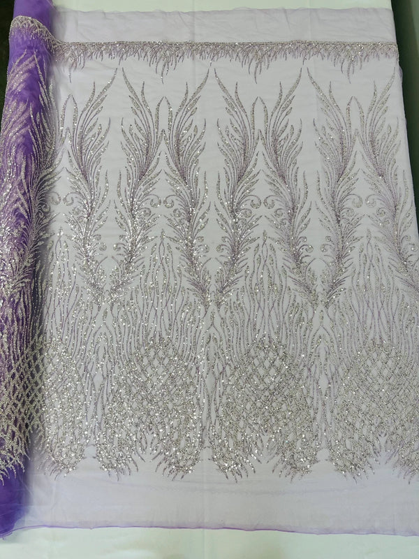 Heart & Feather Pattern Fabric - Lilac - Embroidered Elegant Design with Beads Mesh Fabric Sold By Yard