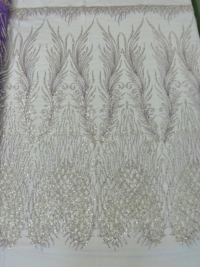 Heart & Feather Pattern Fabric - Lilac - Embroidered Elegant Design with Beads Mesh Fabric Sold By Yard