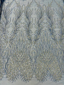 Heart & Feather Pattern Fabric - Royal Blue - Embroidered Elegant Design with Beads Mesh Fabric Sold By Yard