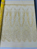 Heart & Feather Pattern Fabric - Yellow - Embroidered Elegant Design with Beads Mesh Fabric Sold By Yard