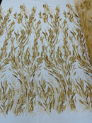 Wavy Plant Lines Bead Fabric - Gold - Embroidered Beaded Wedding Bridal Fabric Sold By The Yard