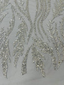 Wavy Lines with Leaf Pattern Beads Fabric - Silver - Embroidered Beaded Wedding Bridal Fabric By The Yard