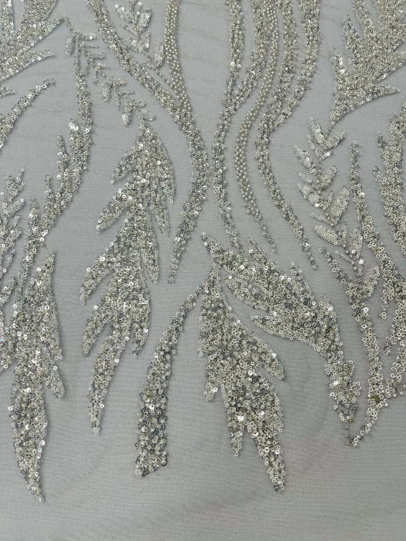 Wavy Lines with Leaf Pattern Beads Fabric - Silver - Embroidered Beaded Wedding Bridal Fabric By The Yard