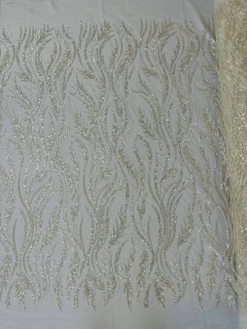 Wavy Lines with Leaf Pattern Beads Fabric - Off-White - Embroidered Beaded Wedding Bridal Fabric By The Yard