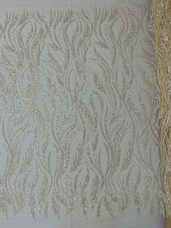 Wavy Lines with Leaf Pattern Beads Fabric - Nude  - Embroidered Beaded Wedding Bridal Fabric By The Yard