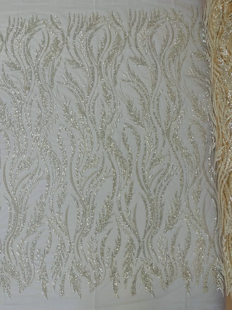 Wavy Lines with Leaf Pattern Beads Fabric - Nude  - Embroidered Beaded Wedding Bridal Fabric By The Yard