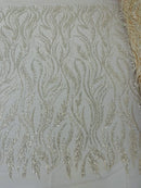 Wavy Lines with Leaf Pattern Beads Fabric - Nude  - Embroidered Beaded Wedding Bridal Fabric By The Yard