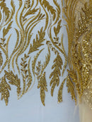 Wavy Lines with Leaf Pattern Beads Fabric - Gold - Embroidered Beaded Wedding Bridal Fabric By The Yard