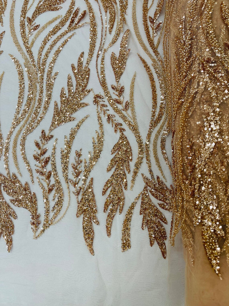 Wavy Lines with Leaf Pattern Beads Fabric - Rose Gold - Embroidered Beaded Wedding Bridal Fabric By The Yard