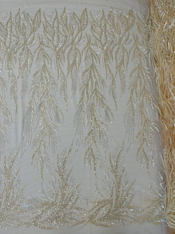 Leaf Pattern Lines Beaded Fabric - Nude - Embroidered Line Beaded Wedding Bridal Fabric Sold By The Yard