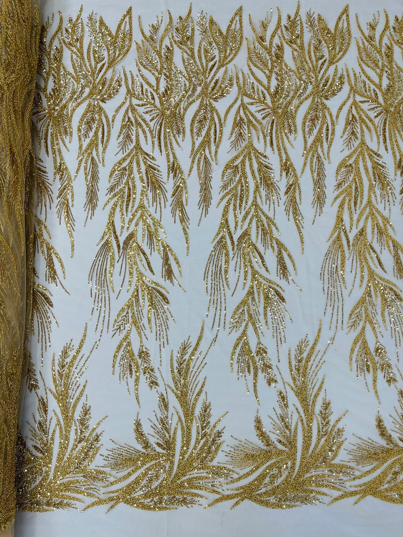Leaf Pattern Lines Beaded Fabric - Gold - Embroidered Line Beaded Wedding Bridal Fabric Sold By The Yard