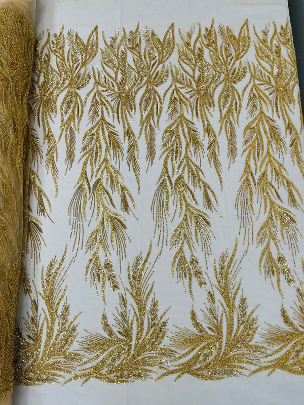 Leaf Pattern Lines Beaded Fabric - Gold - Embroidered Line Beaded Wedding Bridal Fabric Sold By The Yard