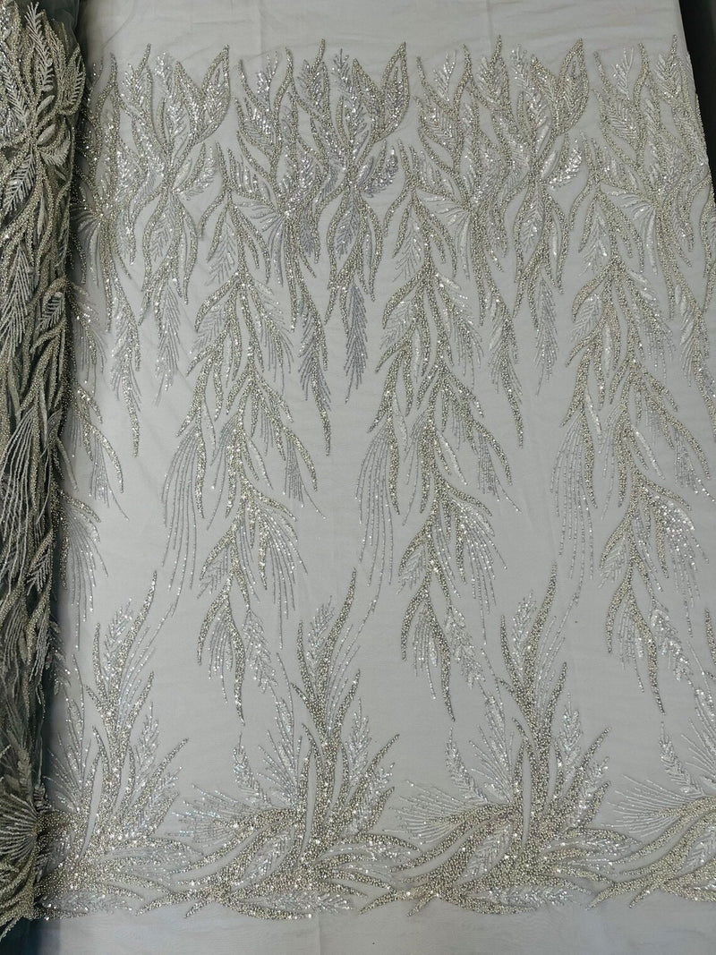 Leaf Pattern Lines Beaded Fabric - Silver - Embroidered Line Beaded Wedding Bridal Fabric Sold By The Yard