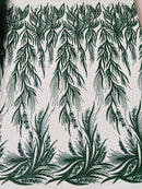 Leaf Pattern Lines Beaded Fabric - Hunter Green - Embroidered Line Beaded Wedding Bridal Fabric Sold By The Yard
