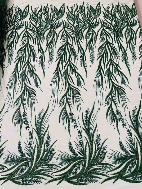 Leaf Pattern Lines Beaded Fabric - Hunter Green - Embroidered Line Beaded Wedding Bridal Fabric Sold By The Yard