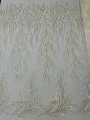 Leaf Pattern Lines Beaded Fabric - Off White - Embroidered Line Beaded Wedding Bridal Fabric Sold By The Yard