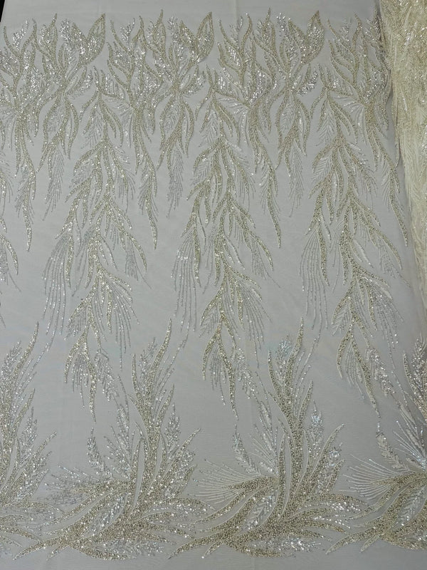 Leaf Pattern Lines Beaded Fabric - Off White - Embroidered Line Beaded Wedding Bridal Fabric Sold By The Yard