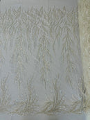 Leaf Pattern Lines Beaded Fabric - Off White - Embroidered Line Beaded Wedding Bridal Fabric Sold By The Yard