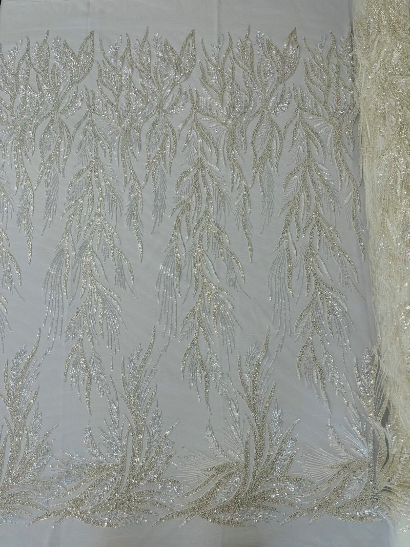 Leaf Pattern Lines Beaded Fabric - Off White - Embroidered Line Beaded Wedding Bridal Fabric Sold By The Yard