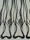 Two Tone Line Sequins Fabric - Silver/Black - 4 Way Stretch Sequins Fabric on Mesh By Yard