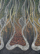 Two Tone Line Sequins Fabric - Gold / Silver - 4 Way Stretch Sequins Fabric on Mesh By Yard