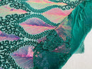 Iridescent Damask Sequins Fabric - Iridescent Rainbow / Hunter Green - 4 Way Stretch Sequins Fabric on Mesh By Yard