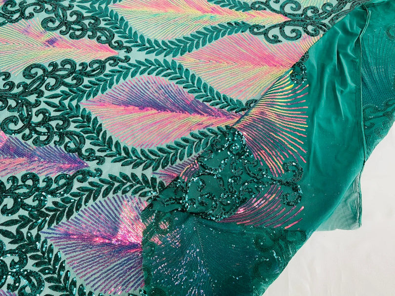 Iridescent Damask Sequins Fabric - Iridescent Rainbow / Hunter Green