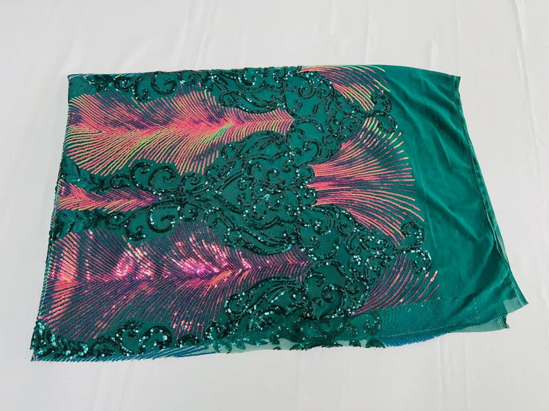 Iridescent Damask Sequins Fabric - Iridescent Rainbow / Hunter Green - 4 Way Stretch Sequins Fabric on Mesh By Yard