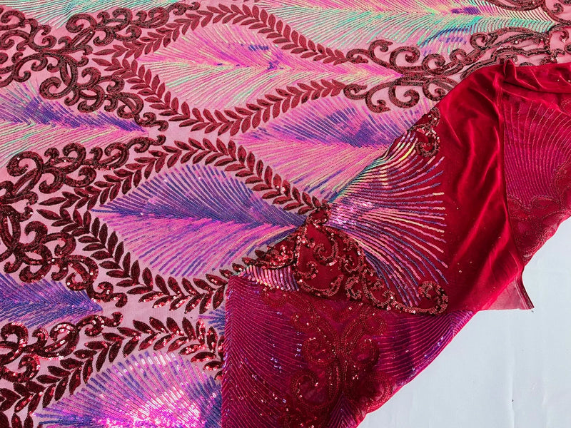 Iridescent Damask Sequins Fabric - Iridescent Rainbow / Burgundy - 4 Way Stretch Sequins Fabric on Mesh By Yard
