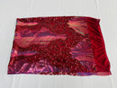 Iridescent Damask Sequins Fabric - Iridescent Rainbow / Burgundy - 4 Way Stretch Sequins Fabric on Mesh By Yard