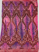 Iridescent Damask Sequins Fabric - Iridescent Rainbow / Burgundy - 4 Way Stretch Sequins Fabric on Mesh By Yard