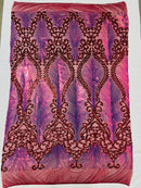 Iridescent Damask Sequins Fabric - Iridescent Rainbow / Burgundy - 4 Way Stretch Sequins Fabric on Mesh By Yard