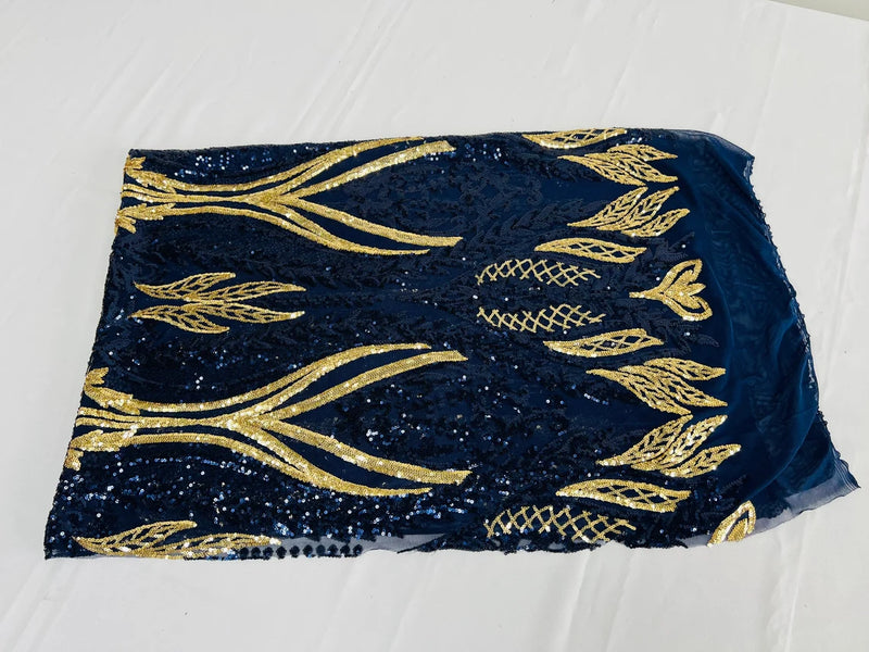 Mermaid Design Sequins Fabric - Navy Blue / Gold - Sequins Fabric 4 Way Stretch on Mesh By Yard