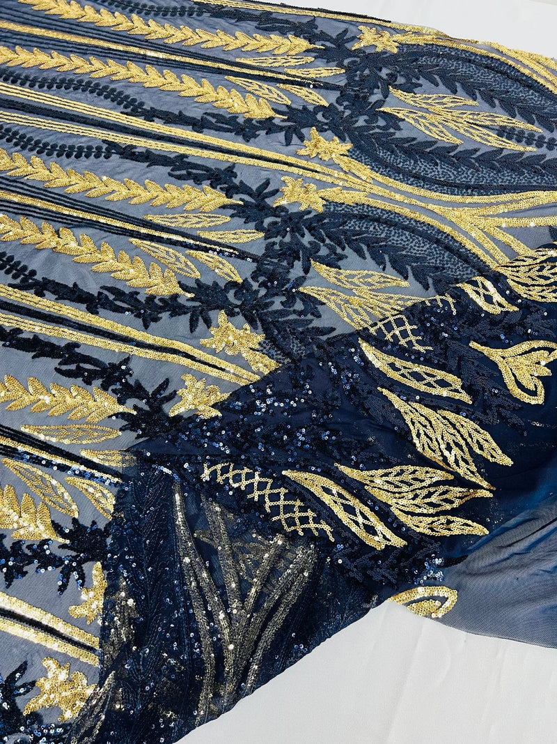 Mermaid Design Sequins Fabric - Navy Blue / Gold - Sequins Fabric 4 Way Stretch on Mesh By Yard