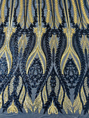 Mermaid Design Sequins Fabric - Navy Blue / Gold - Sequins Fabric 4 Way Stretch on Mesh By Yard