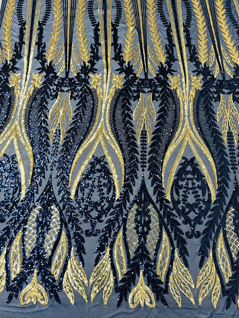 Mermaid Design Sequins Fabric - Navy Blue / Gold - Sequins Fabric 4 Way Stretch on Mesh By Yard